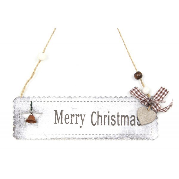 Χριστουγεννιάτικη Ξύλινη Ταμπέλα, Λευκό με "Merry Christmas" και Καρό Φιόγκο (17cm)